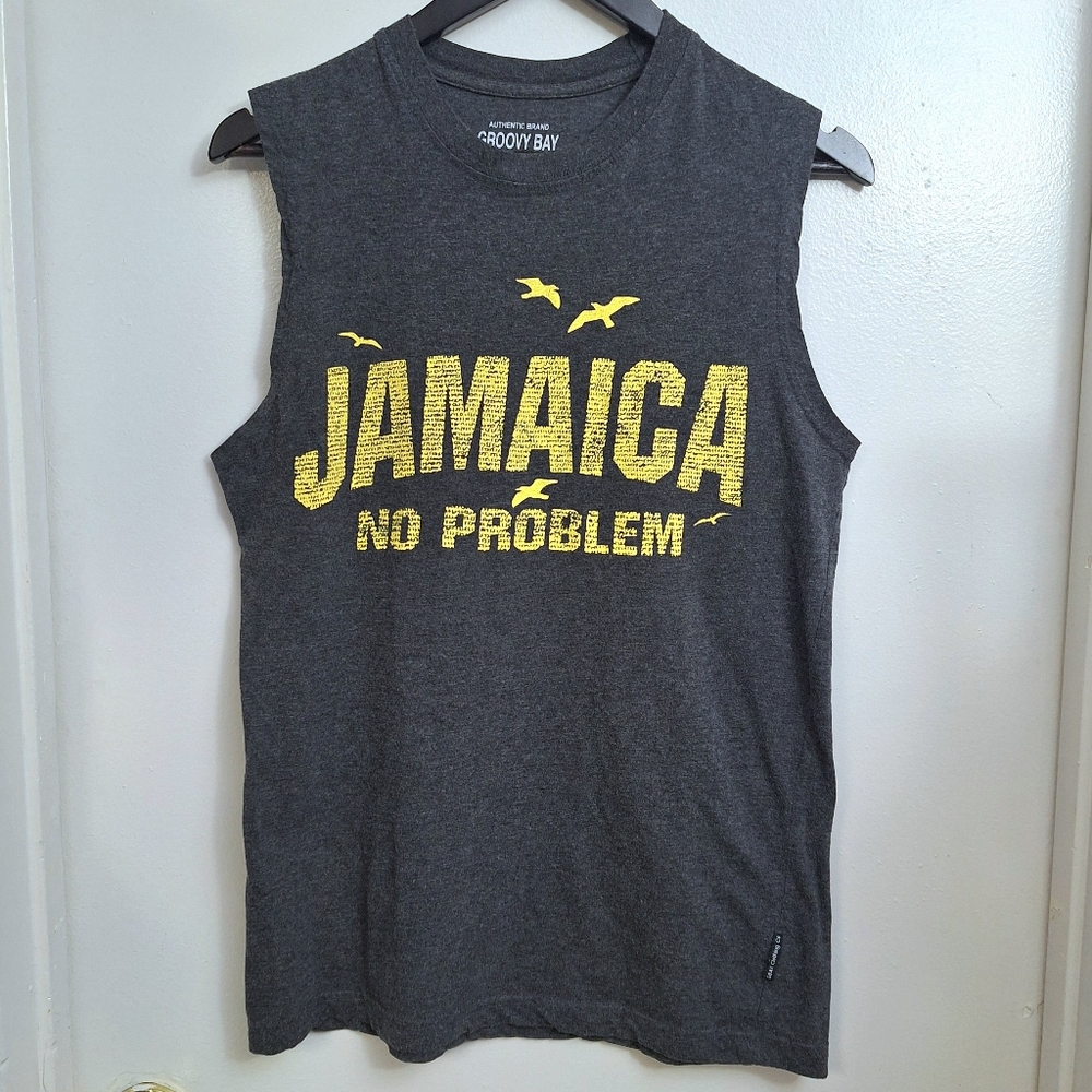 GROOVY BAY Mens Sporty Gym Tank Top Soft Comfy Gray Yellow Jamaica No Problem 62 - Picture 10 of 10